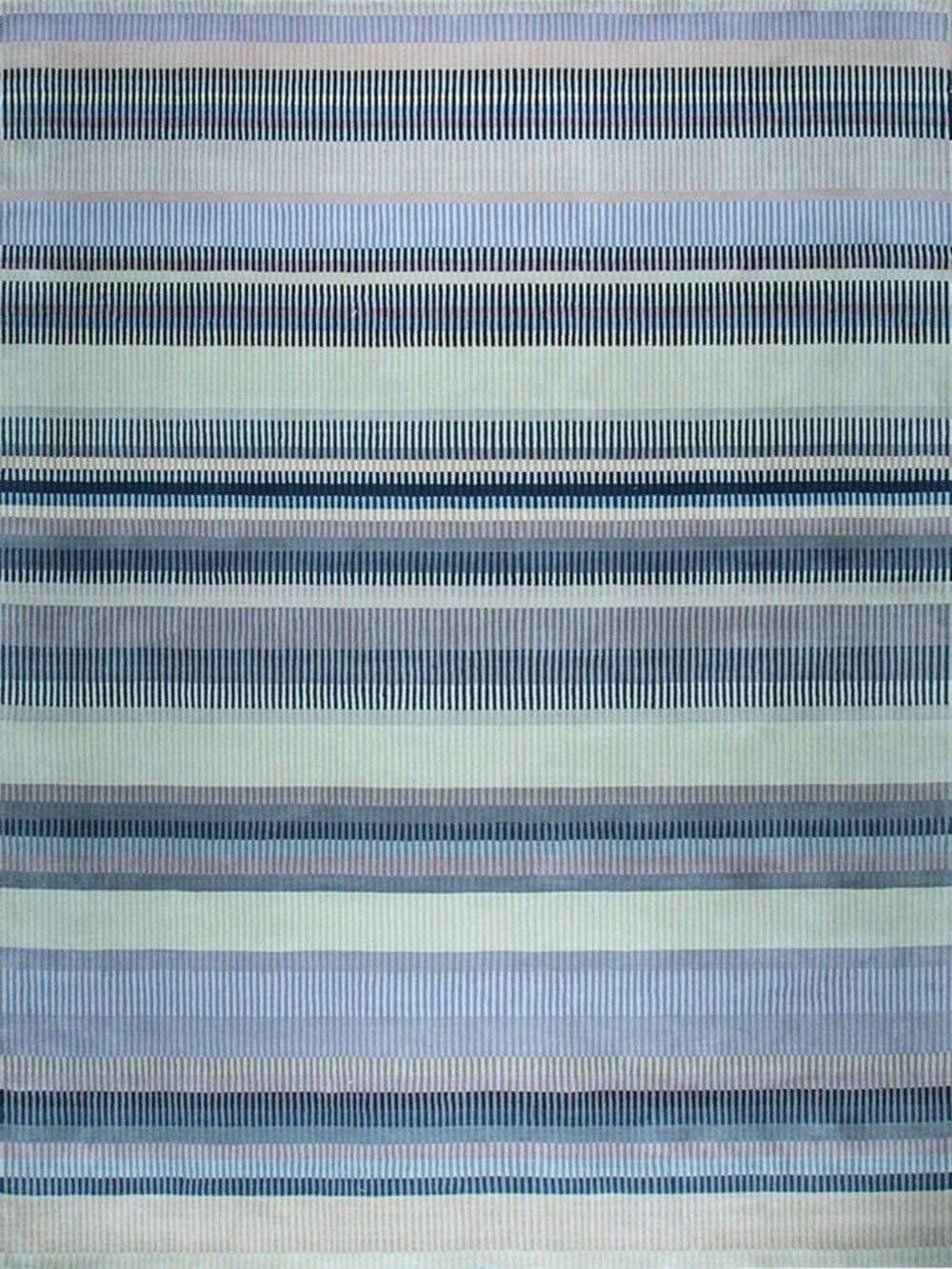Blue Gray Striped Handmade Wool Area Rug 4' x 6' Coastal Modern